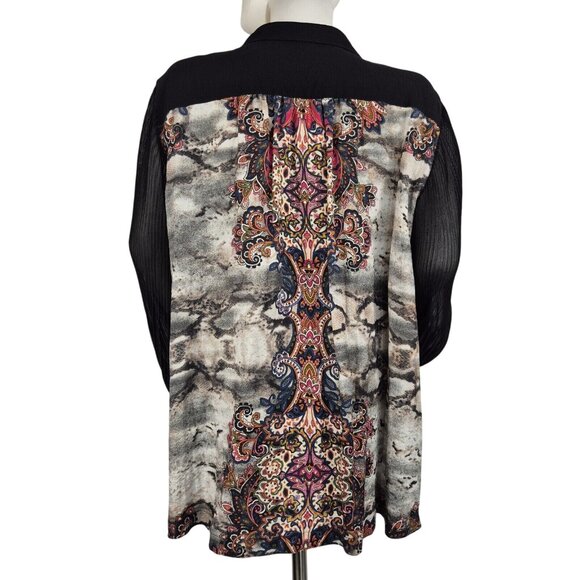 John Mark Womens M Black Button-Up Crochet Patchwork Tunic Blouse - Picture 9 of 14